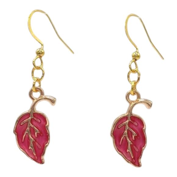 Pink Fall Leaf Earrings Autumn Jewelry Enamel Dangle Earrings Gift for Her - Picture 1 of 3